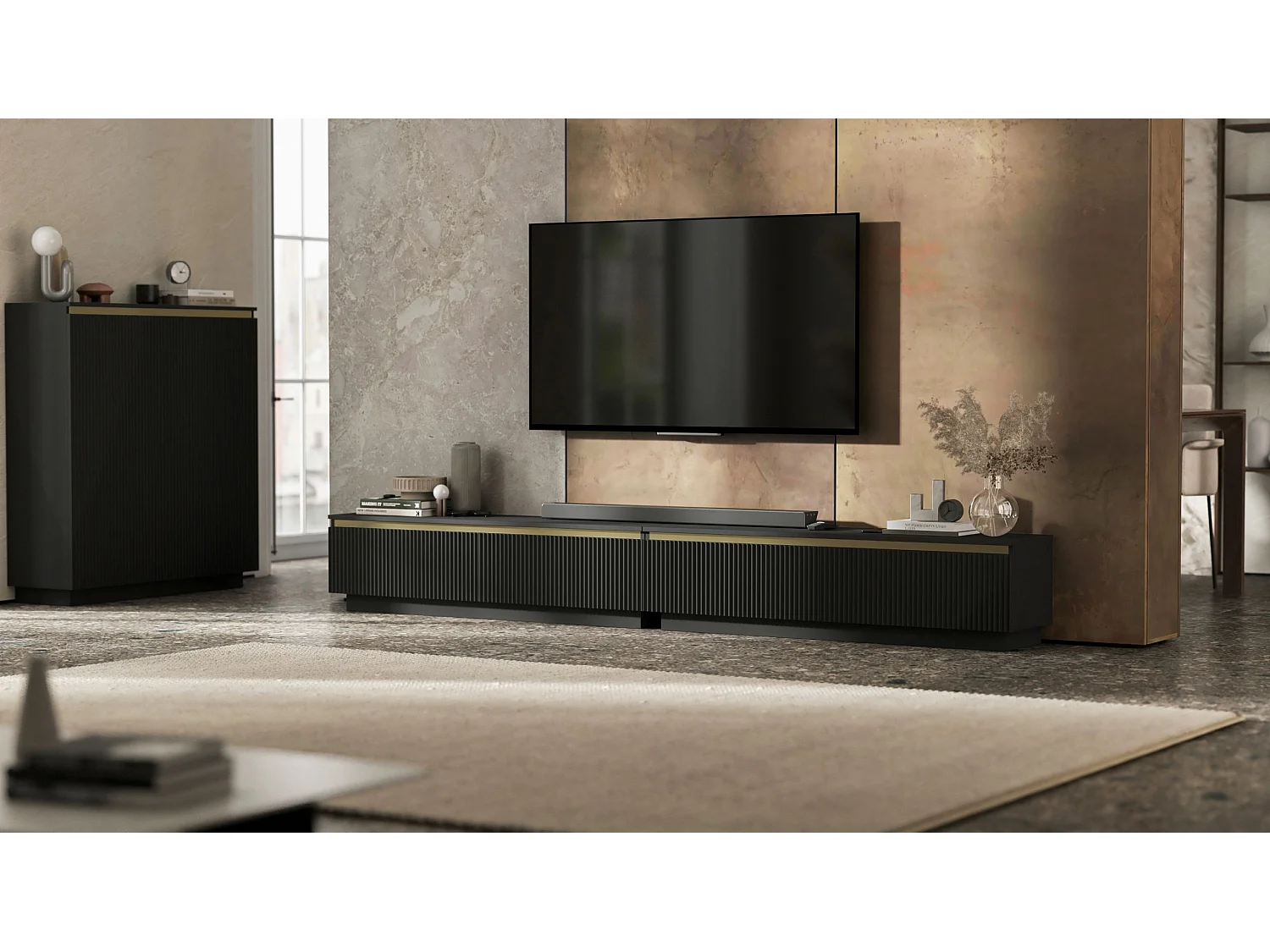 Meuble TV avec 4 portes - Corps Noir mat, façades rainurées Noir mat - 240 cm, sur socle