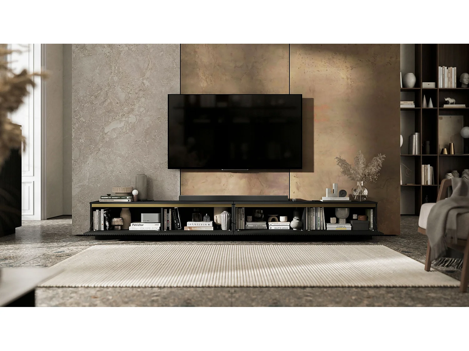 Meuble TV avec 4 portes - Corps Noir mat, façades rainurées Noir mat - 240 cm, sur socle