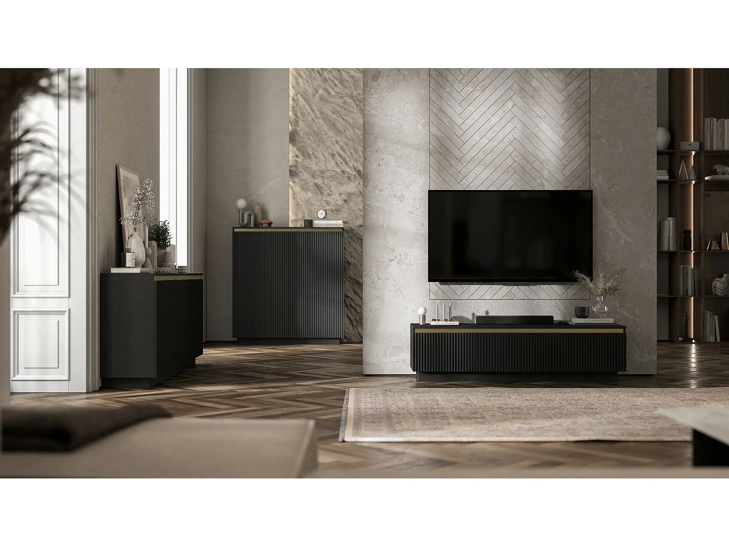 Meuble TV avec 4 portes - Corps Noir mat, façades rainurées Noir mat - 240 cm, sur socle