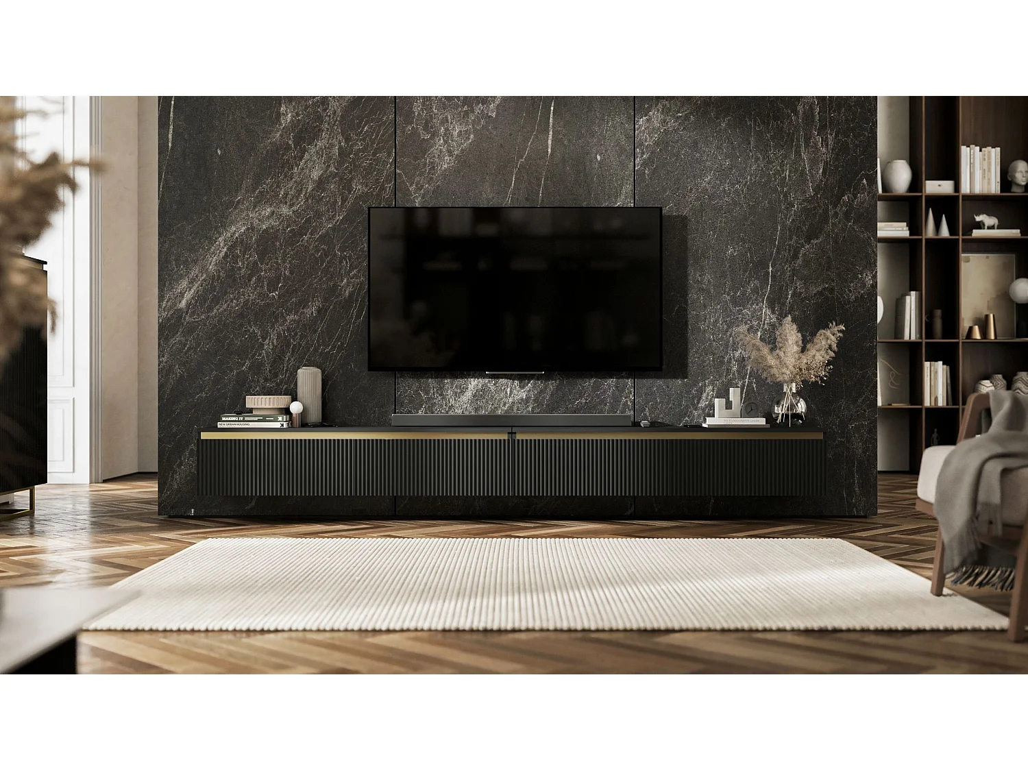 Meuble TV avec 4 portes - Corps Noir mat, façades rainurées Noir mat - 240 cm, sur socle