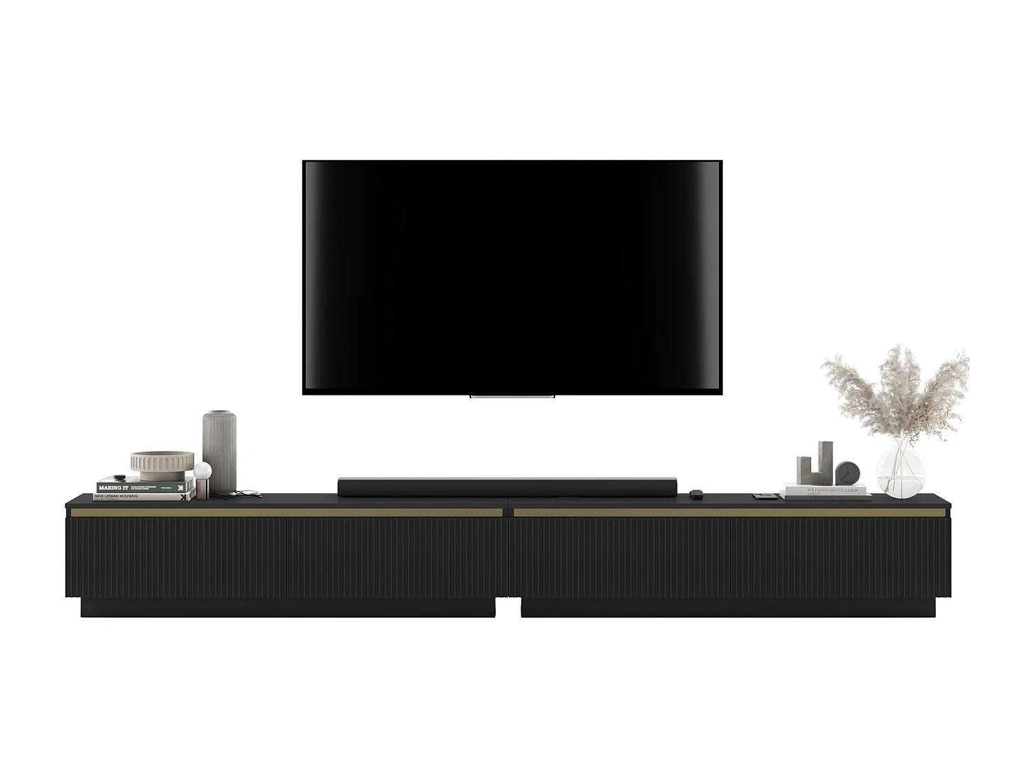 Meuble TV avec 4 portes - Corps Noir mat, façades rainurées Noir mat - 240 cm, sur socle