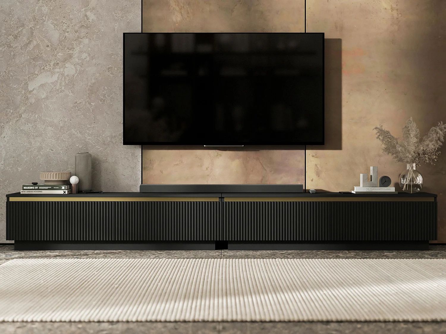 Meuble TV avec 4 portes - Corps Noir mat, façades rainurées Noir mat - 240 cm, sur socle