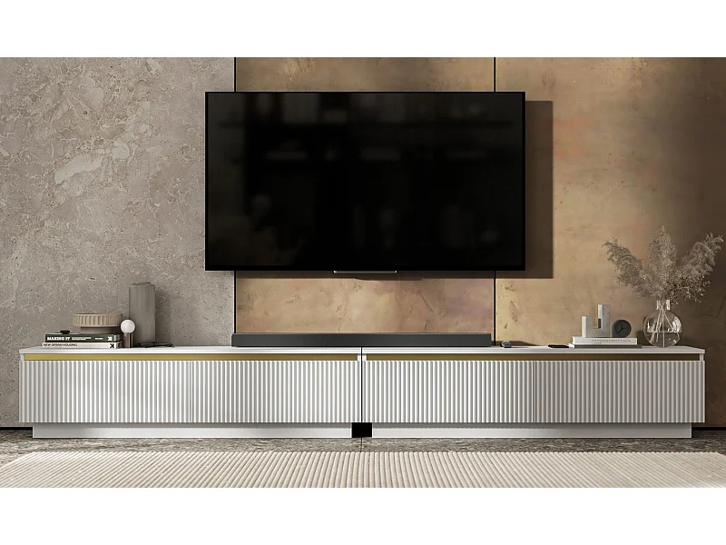 Meuble TV avec 4 portes - Corps Blanc mat, façades rainurées Blanc mat - 280 cm, sur socle