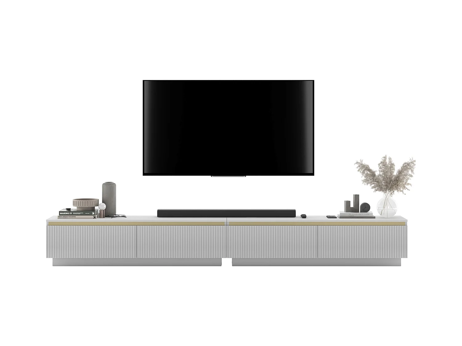 Meuble TV avec 4 portes - Corps Blanc mat, façades rainurées Blanc mat - 280 cm, sur socle