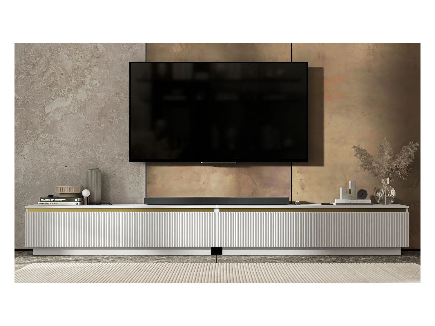 Meuble TV avec 4 portes - Corps Blanc mat, façades rainurées Blanc mat - 280 cm, sur socle