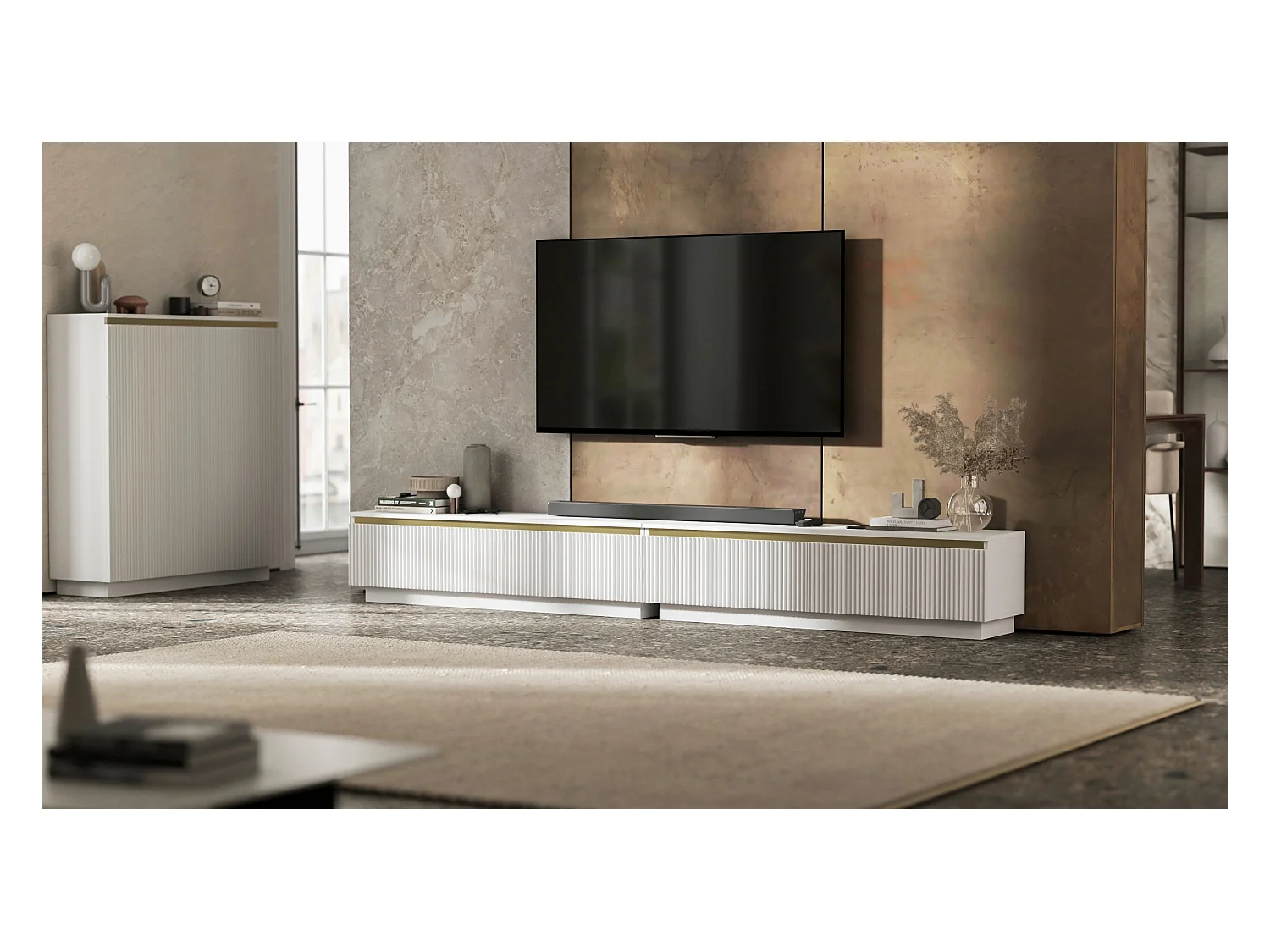 Meuble TV avec 4 portes - Corps Blanc mat, façades rainurées Blanc mat - 280 cm, sur socle