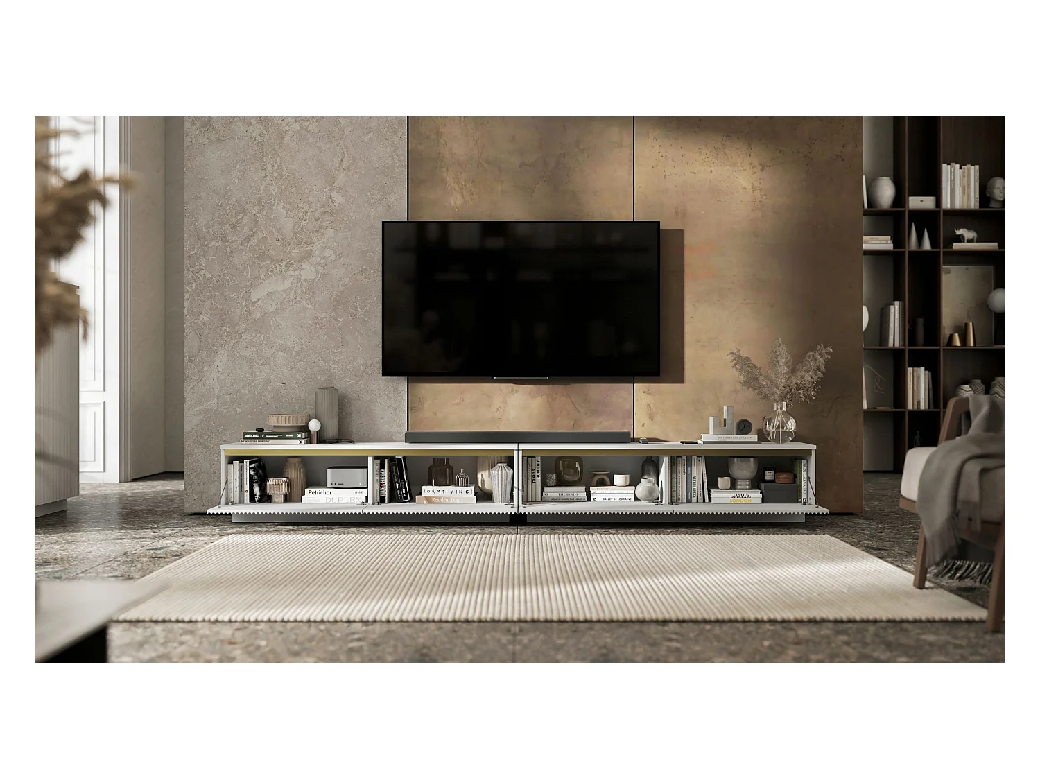 Meuble TV avec 4 portes - Corps Blanc mat, façades rainurées Blanc mat - 280 cm, sur socle