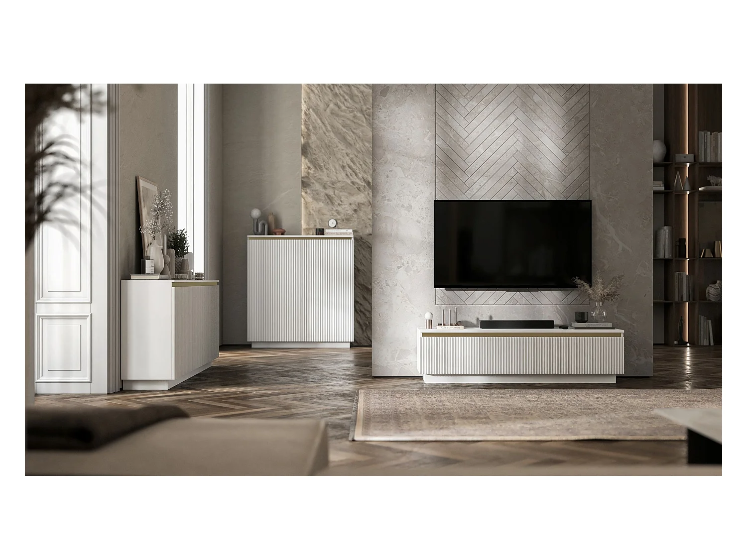 Meuble TV avec 4 portes - Corps Blanc mat, façades rainurées Blanc mat - 280 cm, sur socle