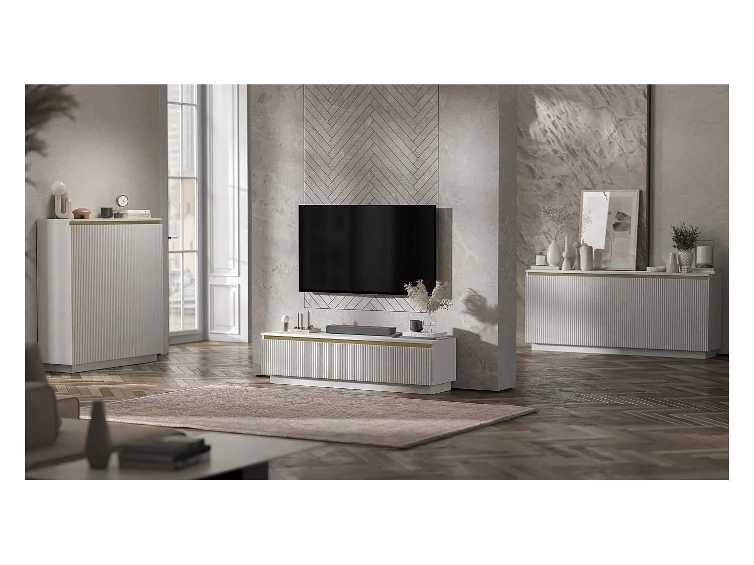 Meuble TV avec 4 portes - Corps Blanc mat, façades rainurées Blanc mat - 280 cm, sur socle