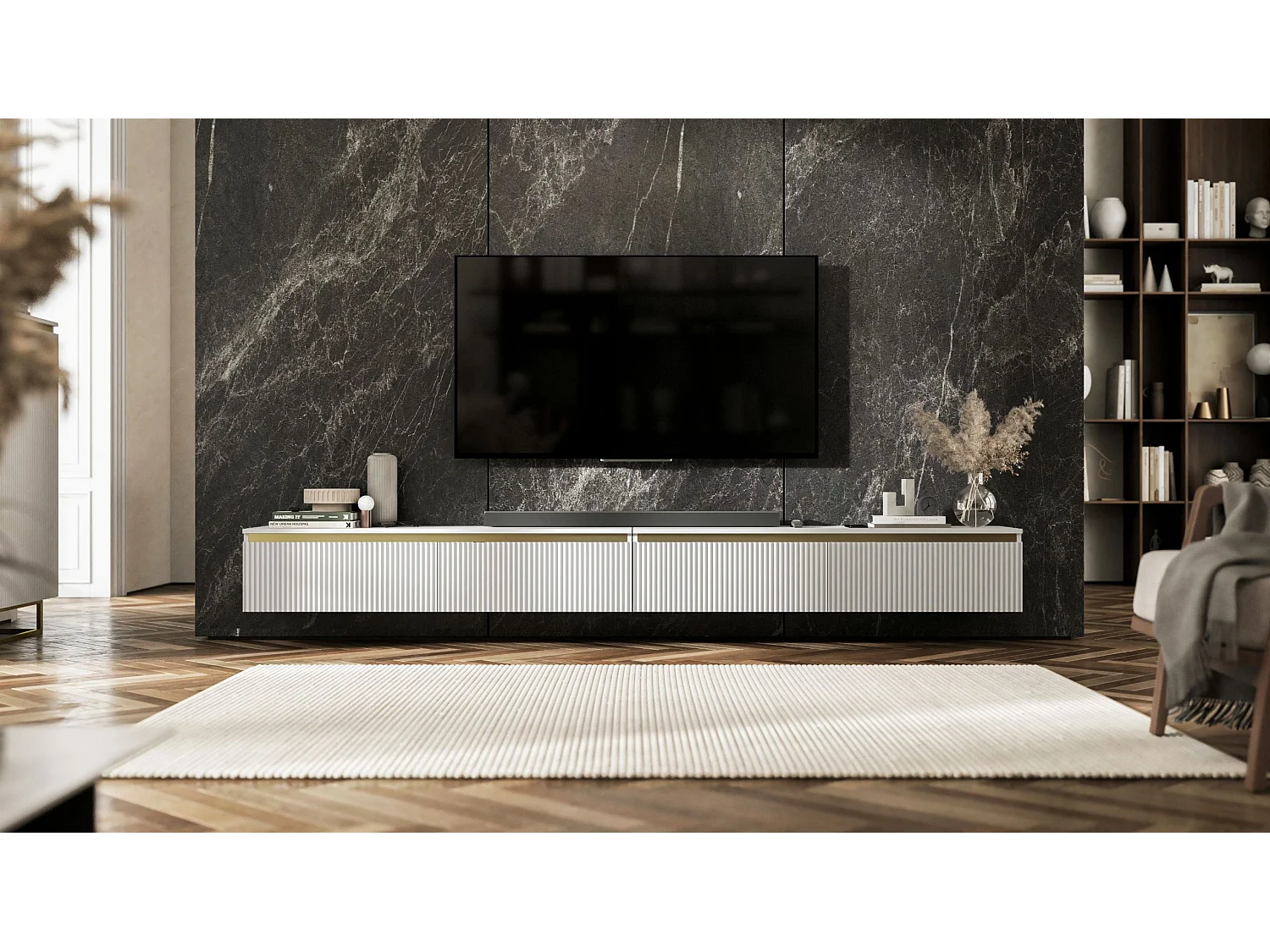 Meuble TV avec 4 portes - Corps Blanc mat, façades rainurées Blanc mat - 240 cm, sur socle