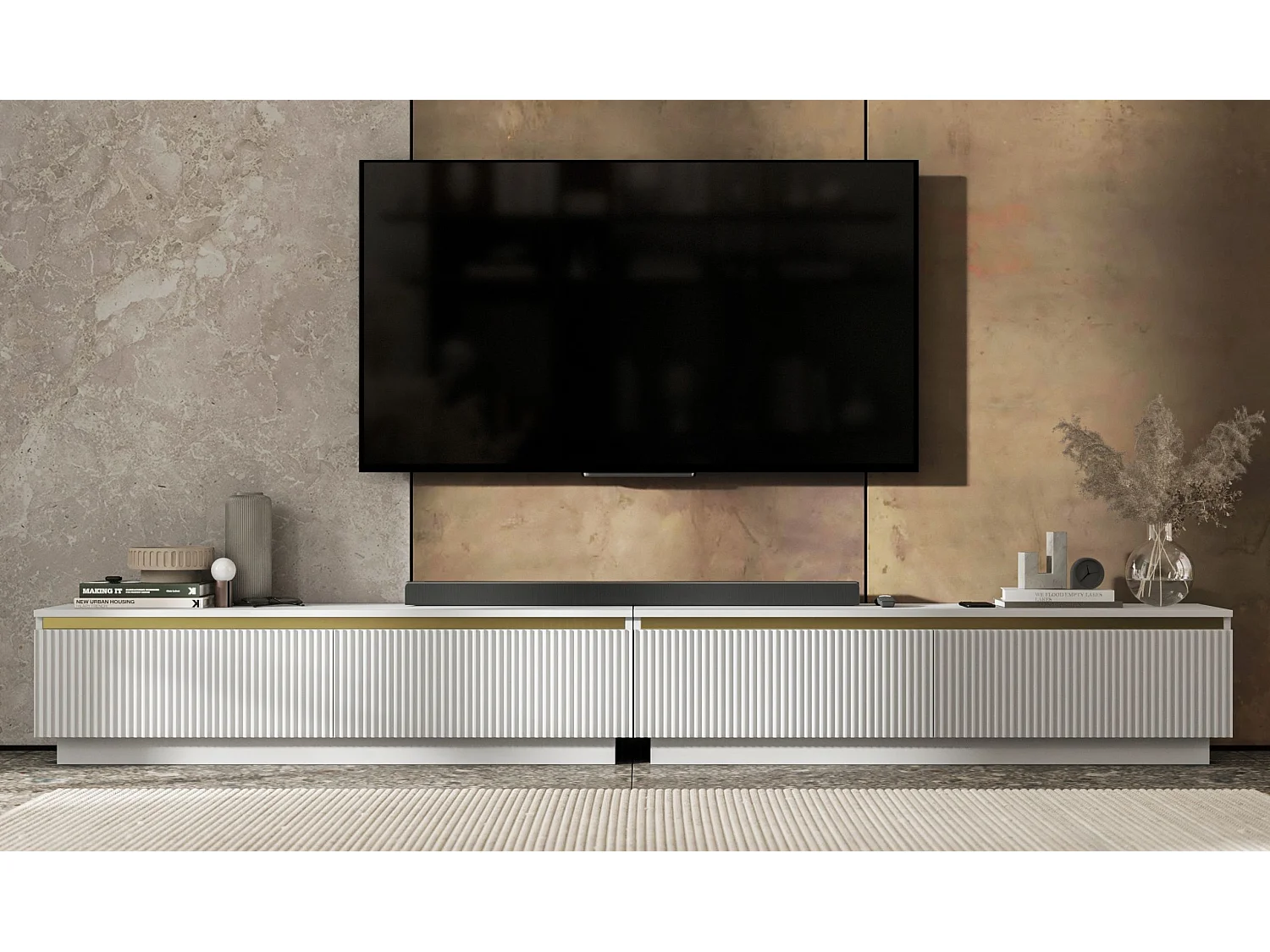 Meuble TV avec 4 portes - Corps Blanc mat, façades rainurées Blanc mat - 280 cm, sur socle