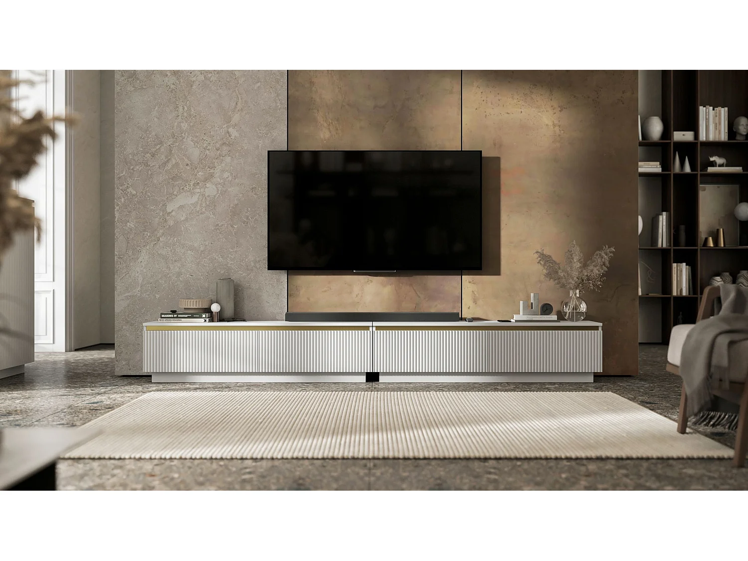 Meuble TV avec 4 portes - Corps Blanc mat, façades rainurées Blanc mat - 280 cm, sur socle
