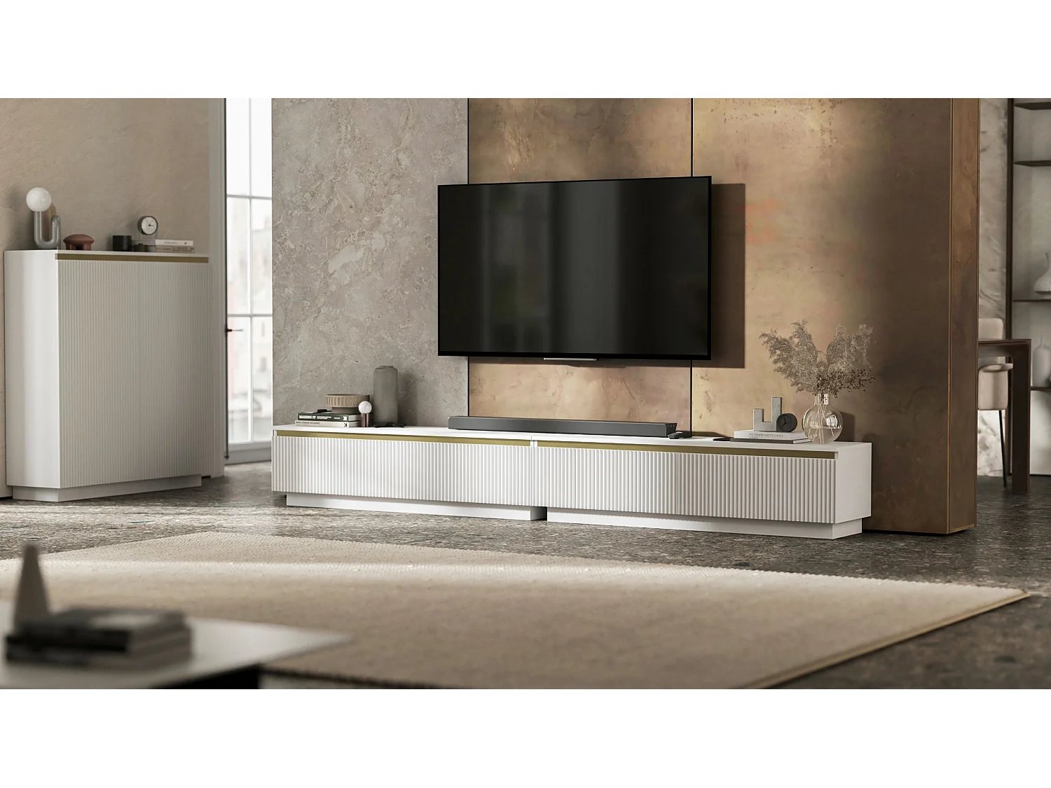 Meuble TV avec 4 portes - Corps Blanc mat, façades rainurées Blanc mat - 280 cm, sur socle