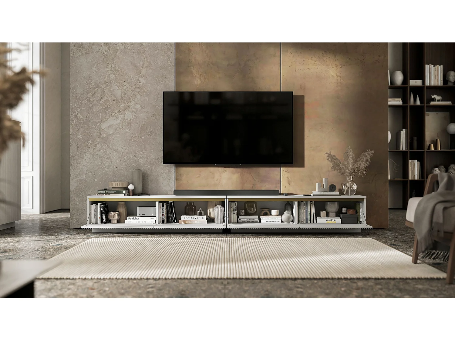 Meuble TV avec 4 portes - Corps Blanc mat, façades rainurées Blanc mat - 280 cm, sur socle