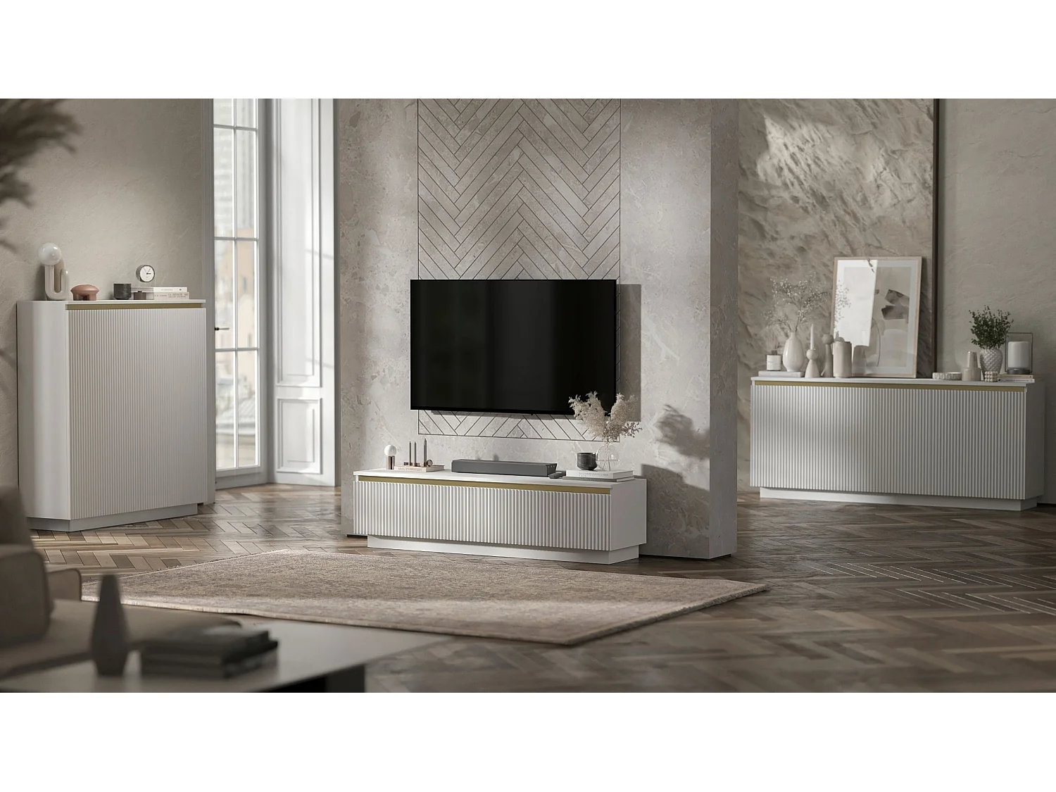 Meuble TV avec 4 portes - Corps Blanc mat, façades rainurées Blanc mat - 280 cm, sur socle