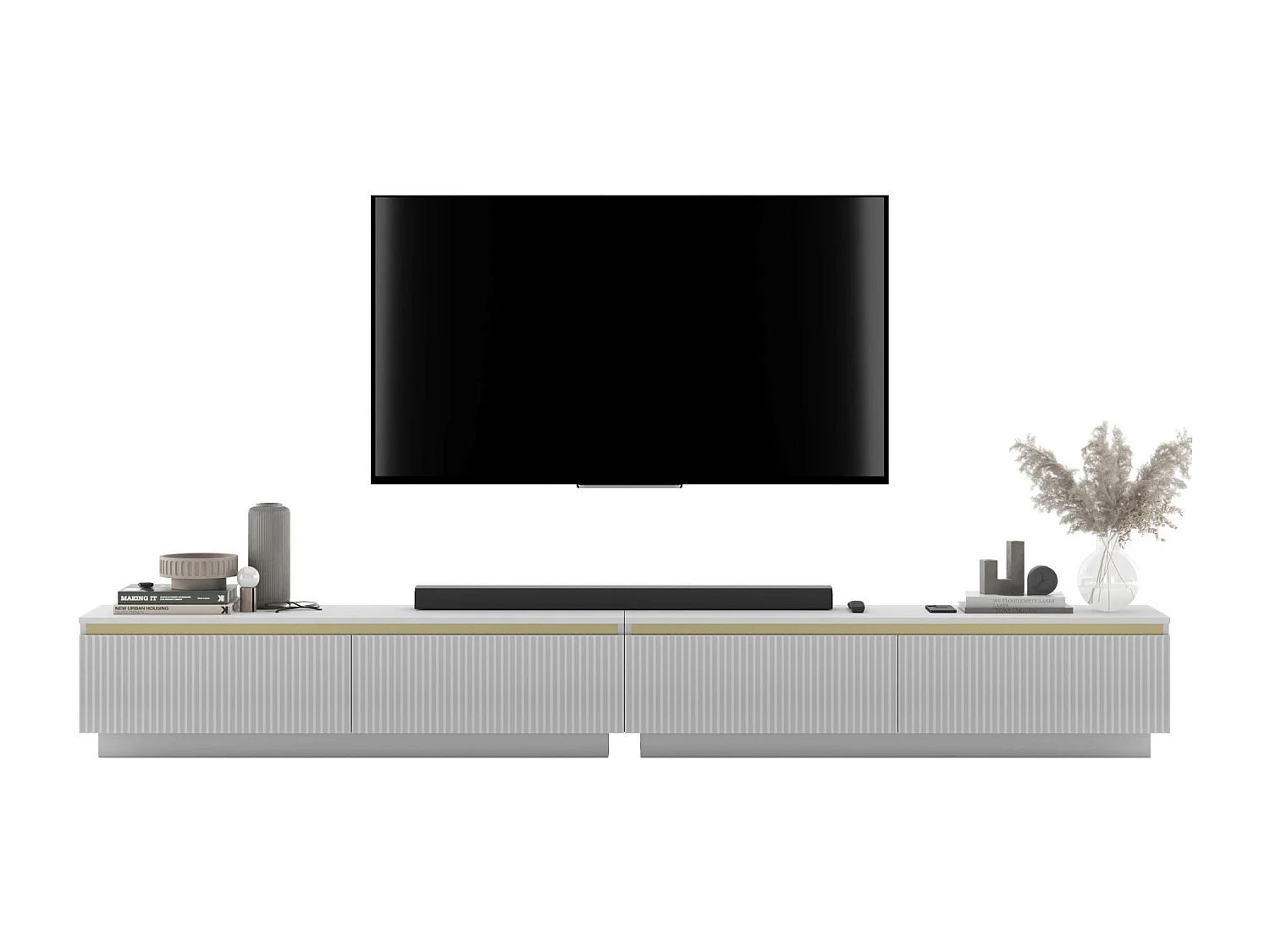 Meuble TV avec 4 portes - Corps Blanc mat, façades rainurées Blanc mat - 280 cm, sur socle