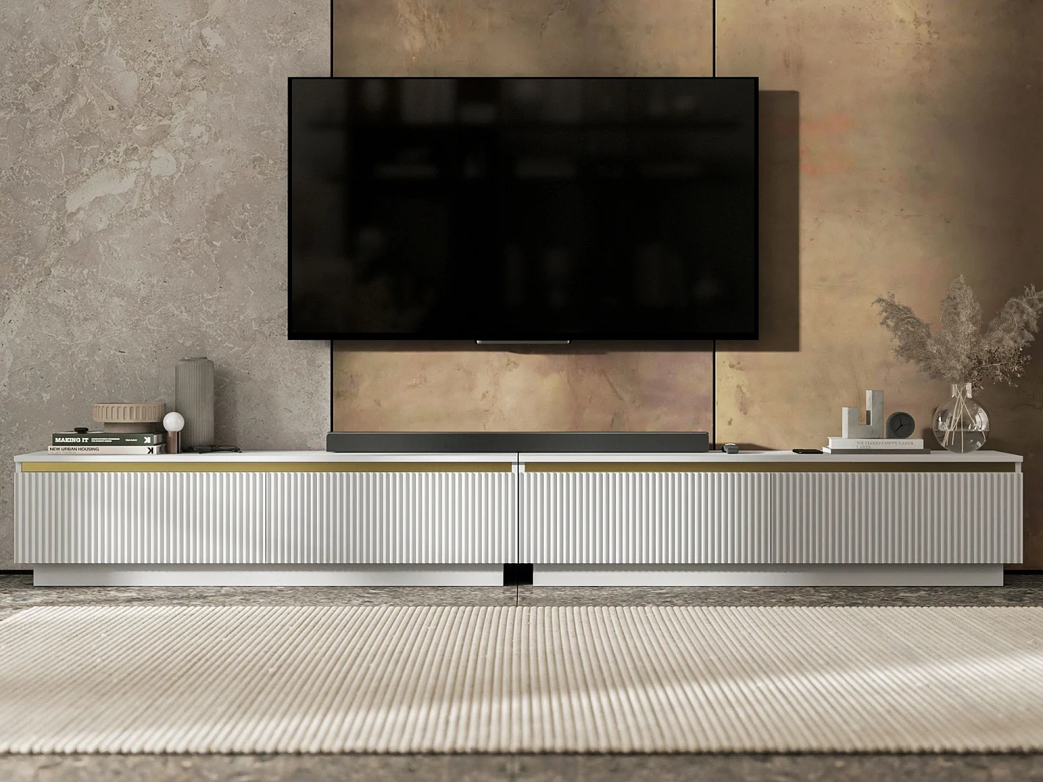 Meuble TV avec 4 portes - Corps Blanc mat, façades rainurées Blanc mat - 280 cm, sur socle