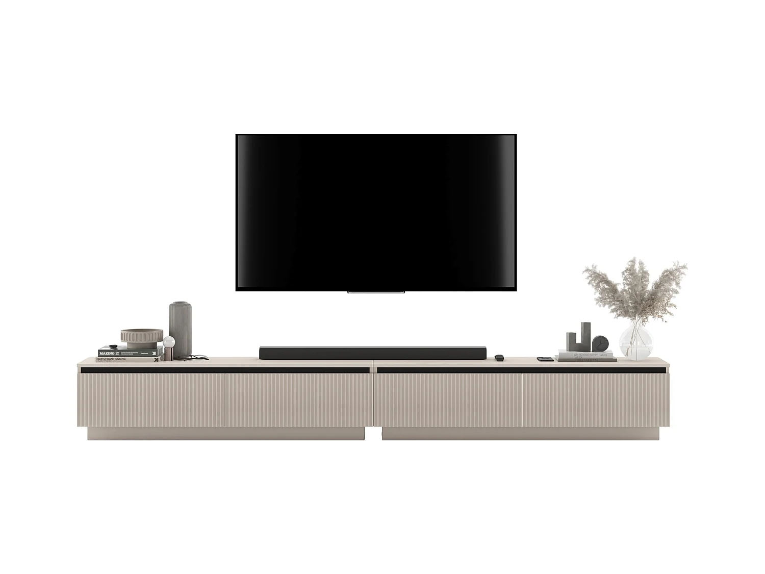 Meuble TV avec 4 portes - Corps Cachemire mat, façades rainurées Cachemire mat - 280 cm, sur socle