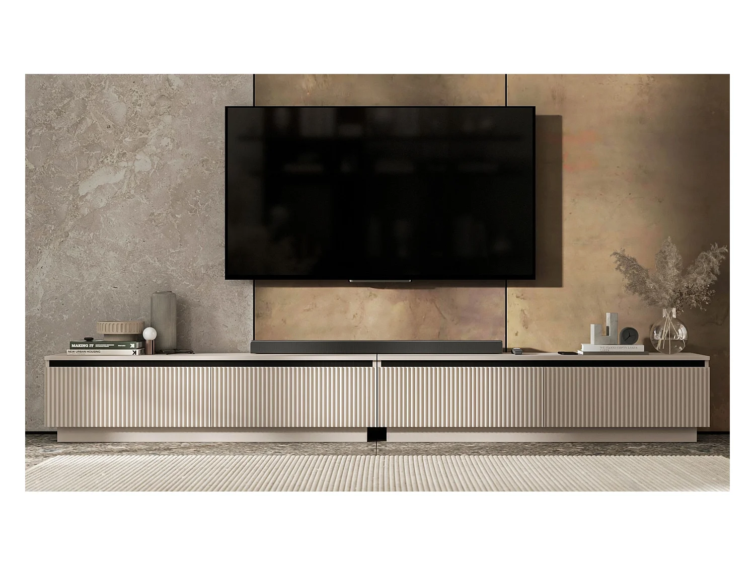 Meuble TV avec 4 portes - Corps Cachemire mat, façades rainurées Cachemire mat - 280 cm, sur socle