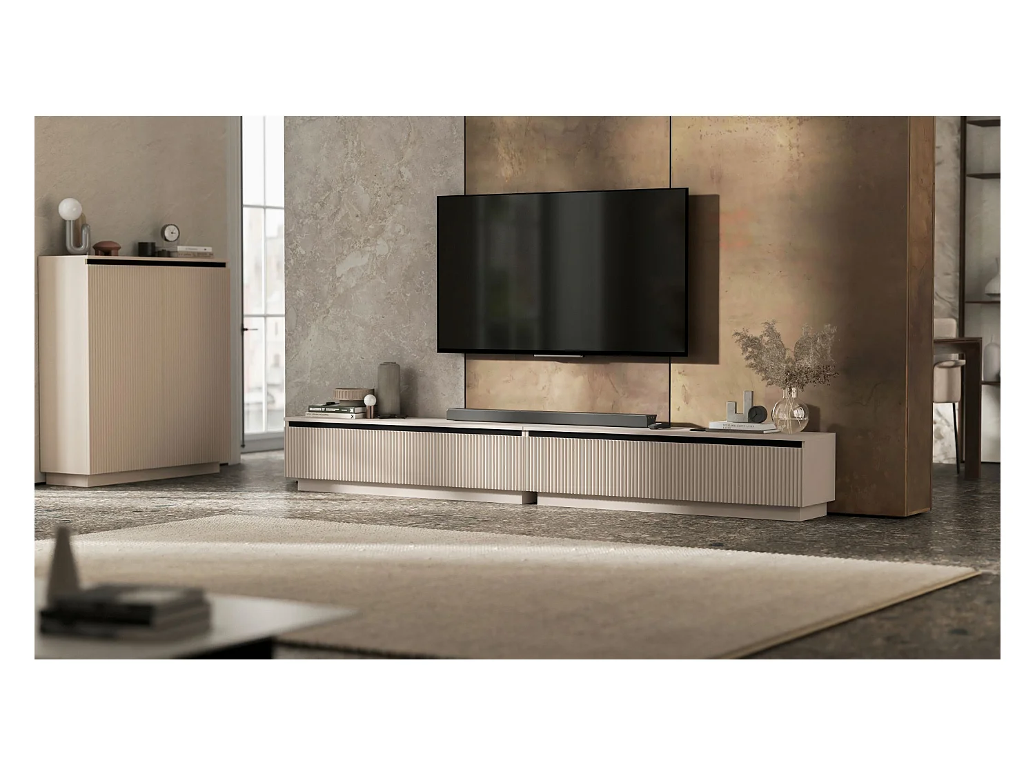 Meuble TV avec 4 portes - Corps Cachemire mat, façades rainurées Cachemire mat - 280 cm, sur socle