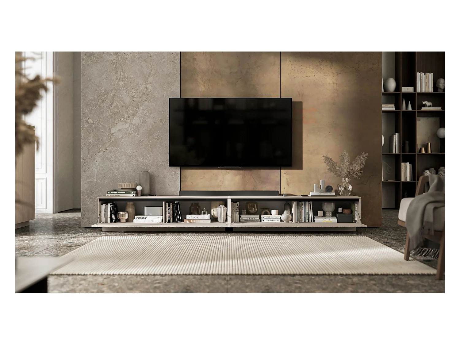 Meuble TV avec 4 portes - Corps Cachemire mat, façades rainurées Cachemire mat - 280 cm, sur socle