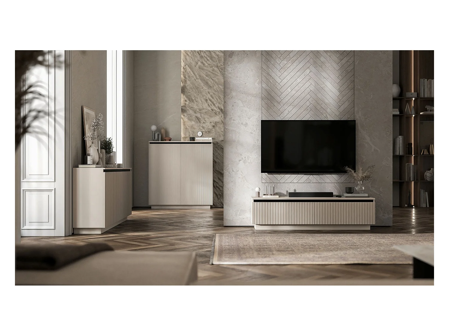 Meuble TV avec 4 portes - Corps Cachemire mat, façades rainurées Cachemire mat - 280 cm, sur socle