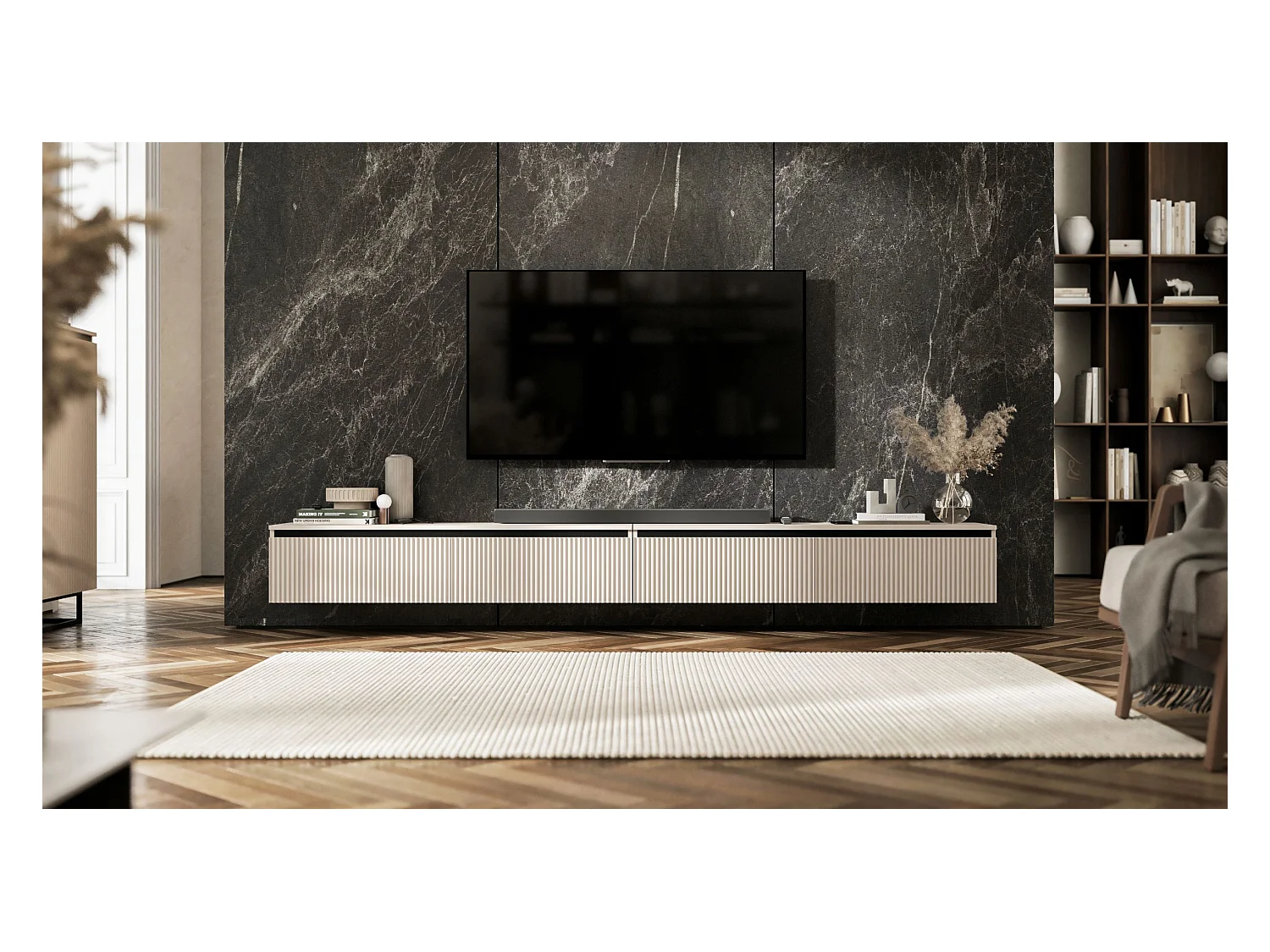 Meuble TV avec 4 portes - Corps Cachemire mat, façades rainurées Cachemire mat - 280 cm, sur socle