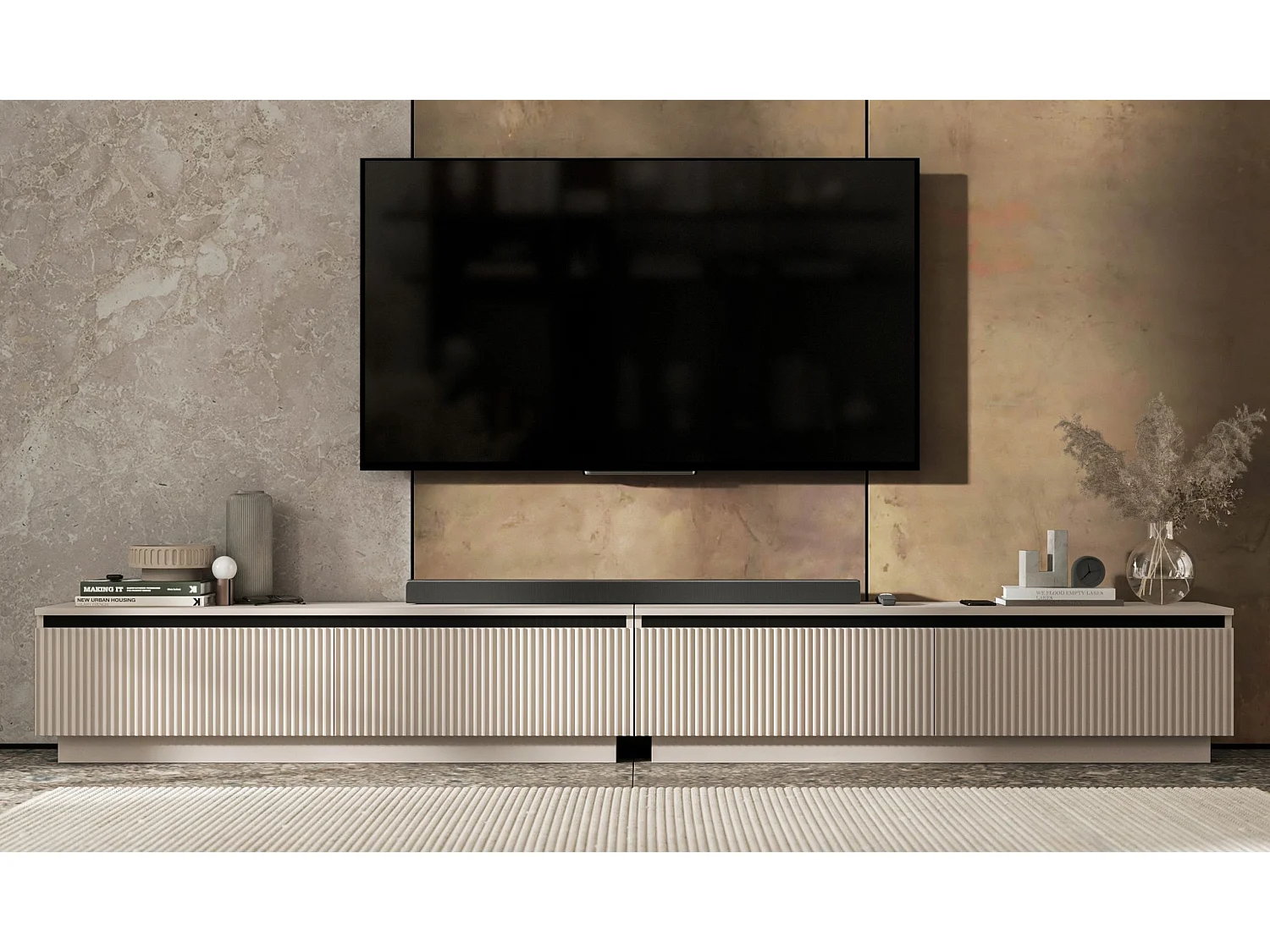 Meuble TV avec 4 portes - Corps Cachemire mat, façades rainurées Cachemire mat - 240 cm, sur socle