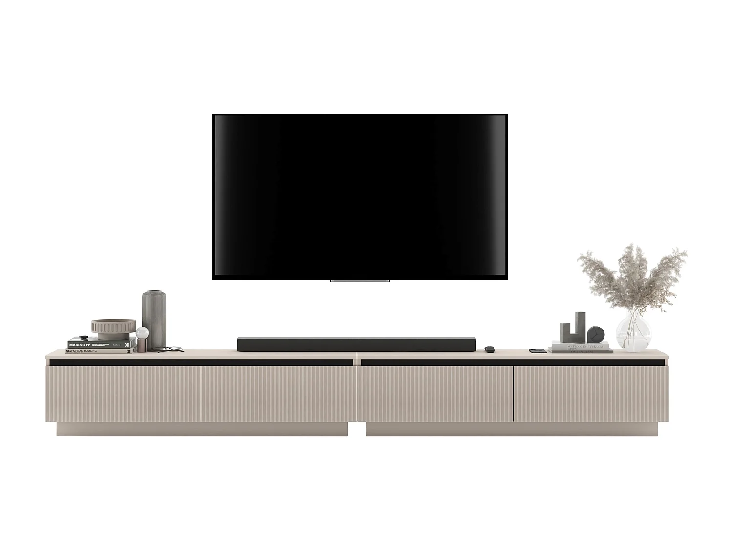 Meuble TV avec 4 portes - Corps Cachemire mat, façades rainurées Cachemire mat - 240 cm, sur socle