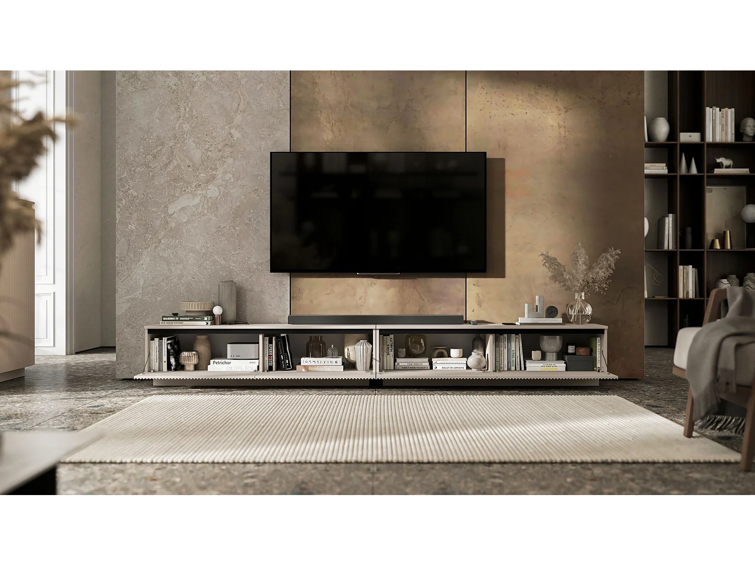 Meuble TV avec 4 portes - Corps Cachemire mat, façades rainurées Cachemire mat - 240 cm, sur socle