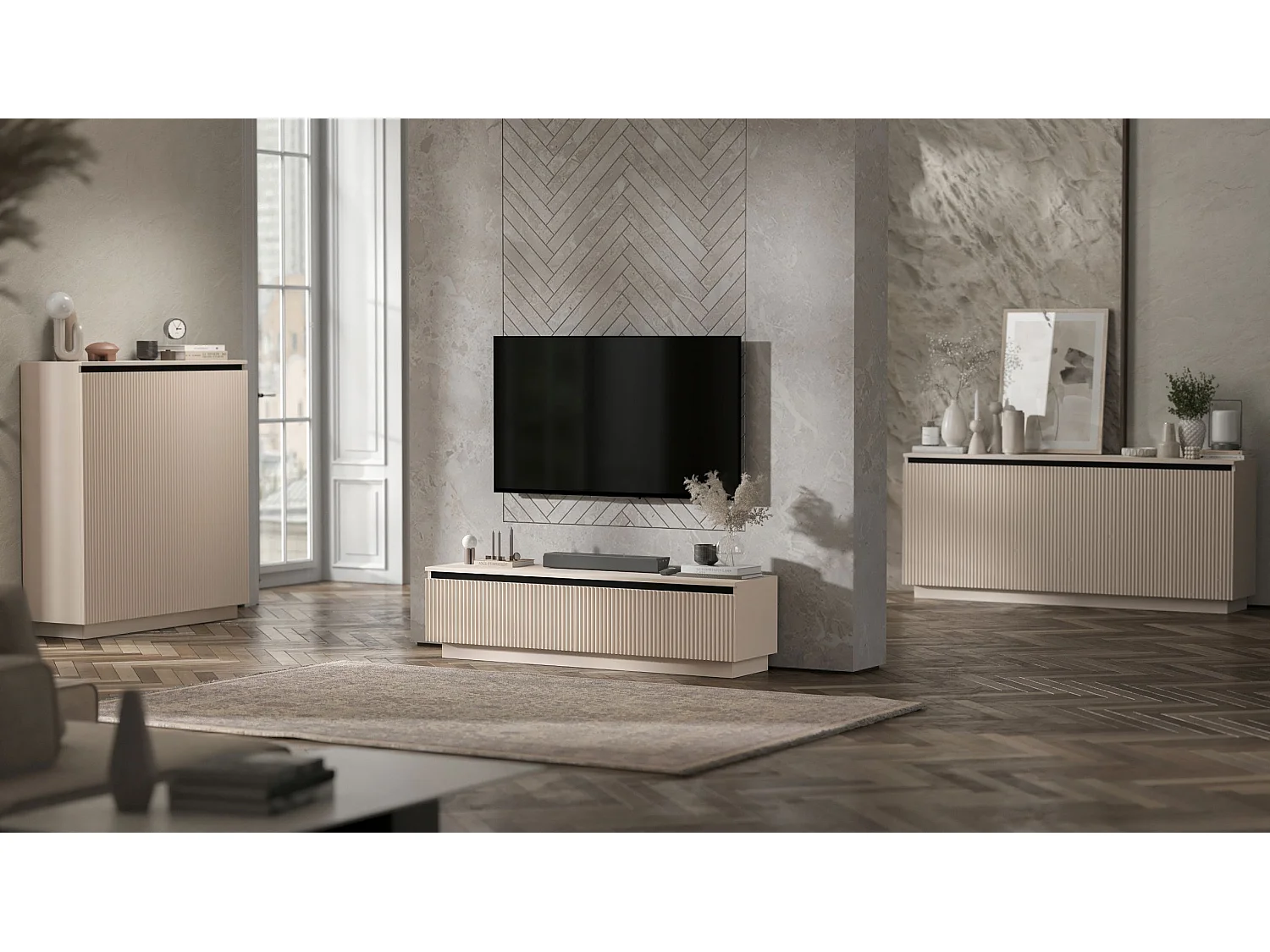 Meuble TV avec 4 portes - Corps Cachemire mat, façades rainurées Cachemire mat - 240 cm, sur socle