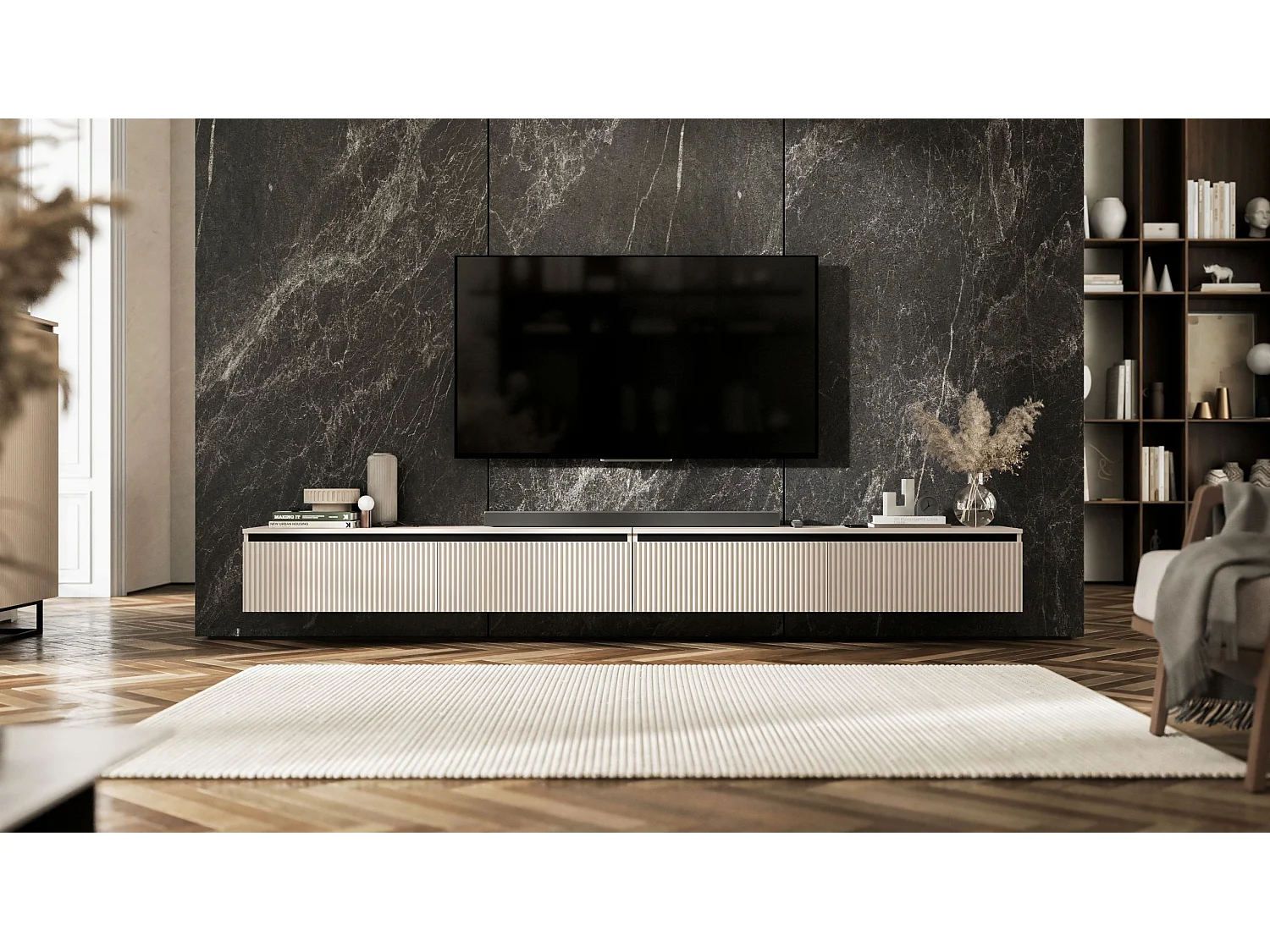Meuble TV avec 4 portes - Corps Cachemire mat, façades rainurées Cachemire mat - 240 cm, sur socle