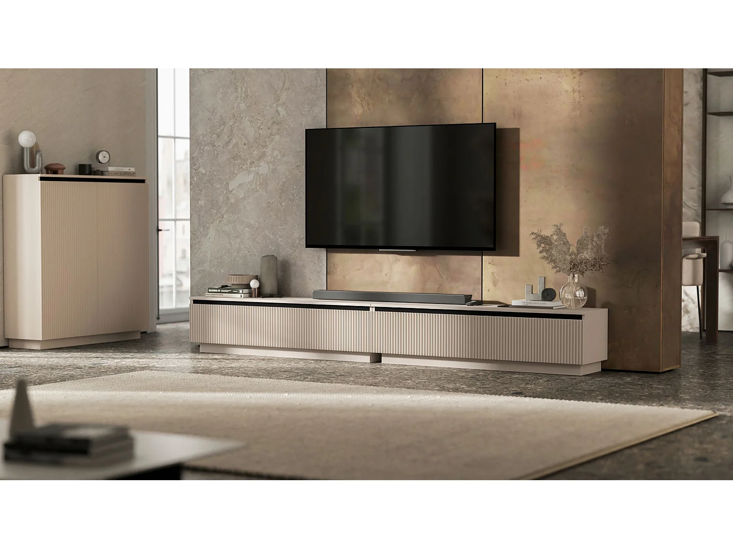 Meuble TV avec 4 portes - Corps Cachemire mat, façades rainurées Cachemire mat - 280 cm, sur socle