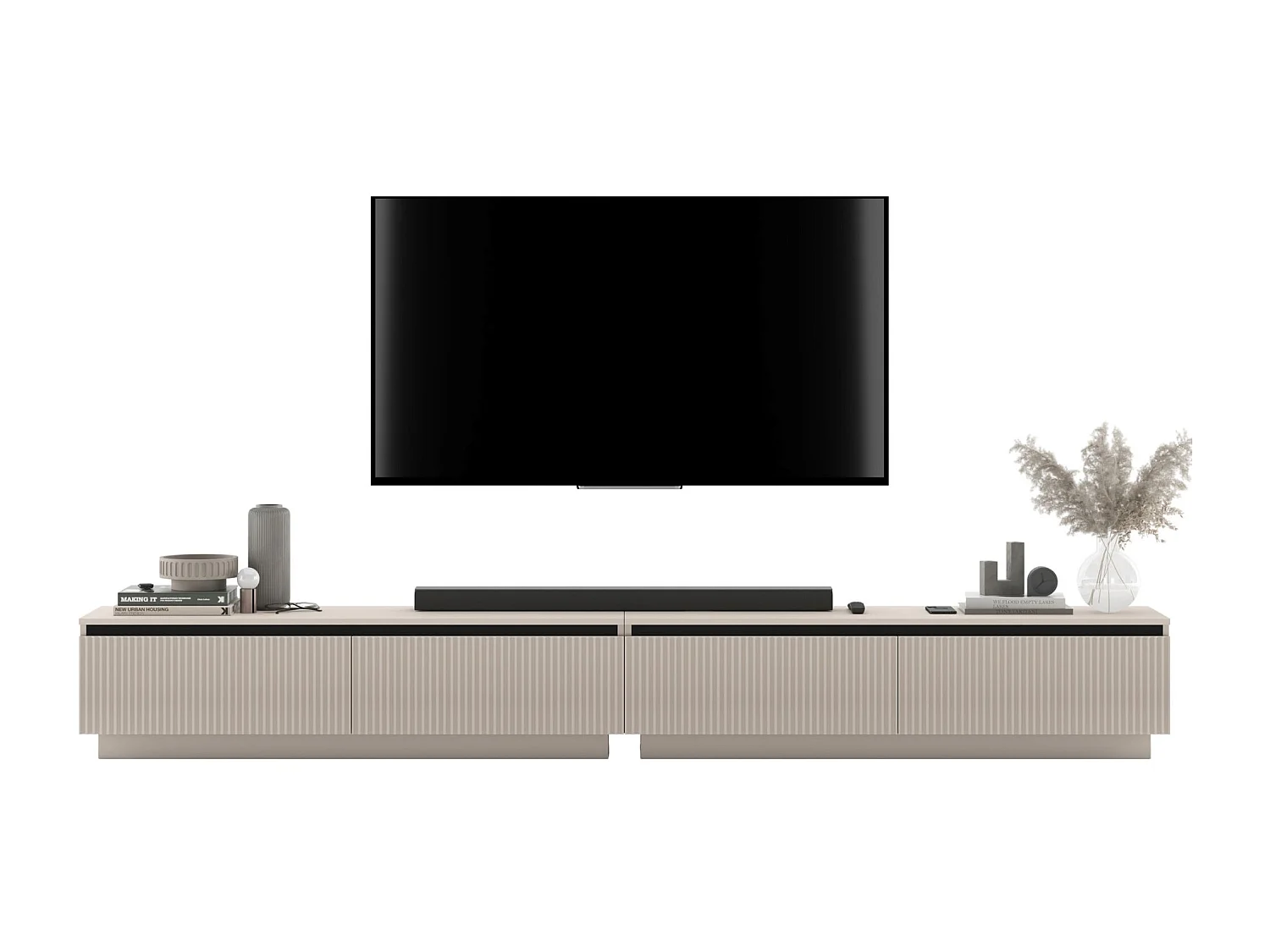 Meuble TV avec 4 portes - Corps Cachemire mat, façades rainurées Cachemire mat - 280 cm, sur socle