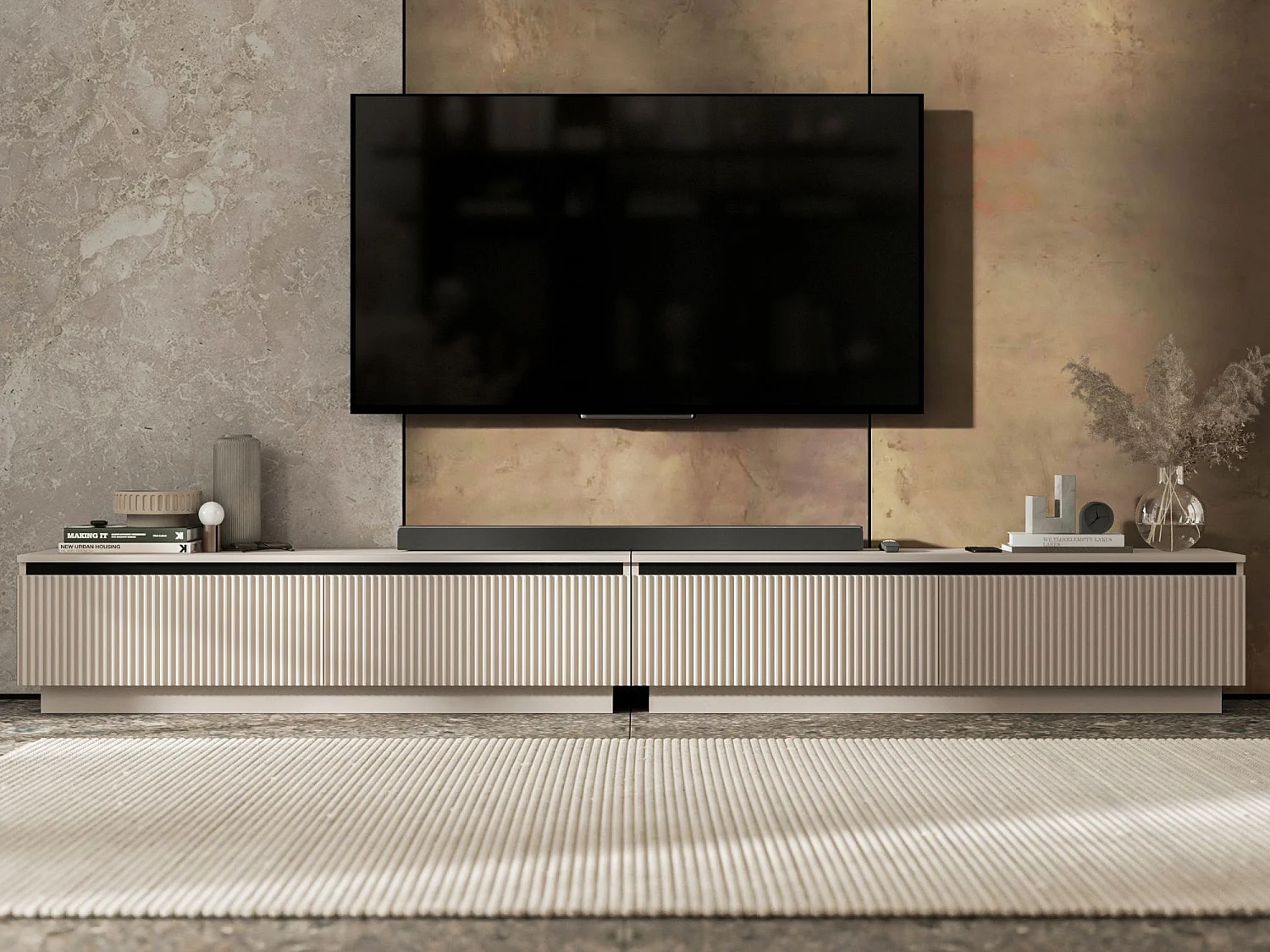 Meuble TV avec 4 portes - Corps Cachemire mat, façades rainurées Cachemire mat - 280 cm, sur socle