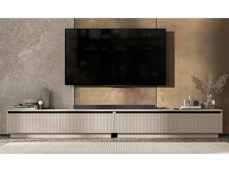 Meuble TV avec 4 portes - Corps Cachemire mat, façades rainurées Cachemire mat - 280 cm, sur socle