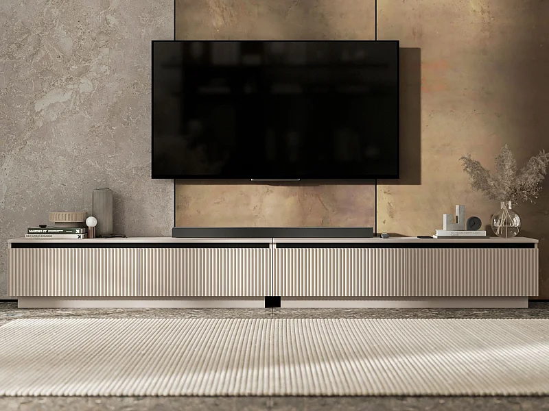 Meuble TV avec 4 portes - Corps Cachemire mat, façades rainurées Cachemire mat - 280 cm, sur socle
