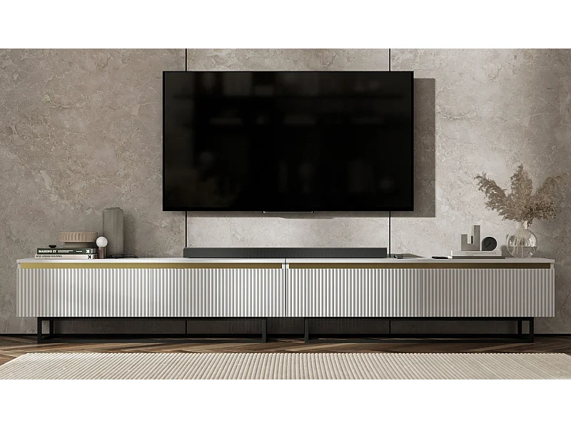 Meuble TV avec 4 portes - Corps Blanc mat, façades rainurées Blanc mat - 280 cm, Cadre en métal noir