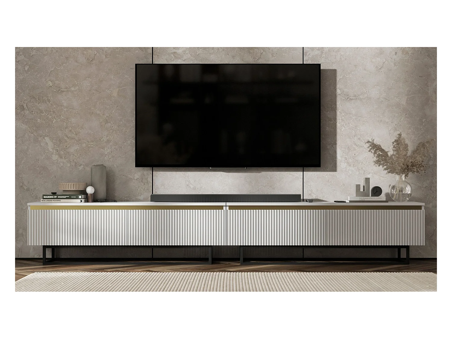 Meuble TV avec 4 portes - Corps Blanc mat, façades rainurées Blanc mat - 280 cm, Cadre en métal noir