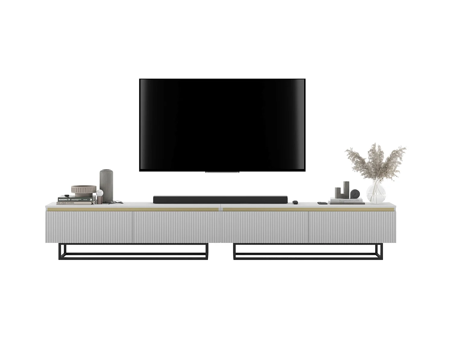 Meuble TV avec 4 portes - Corps Blanc mat, façades rainurées Blanc mat - 280 cm, Cadre en métal noir