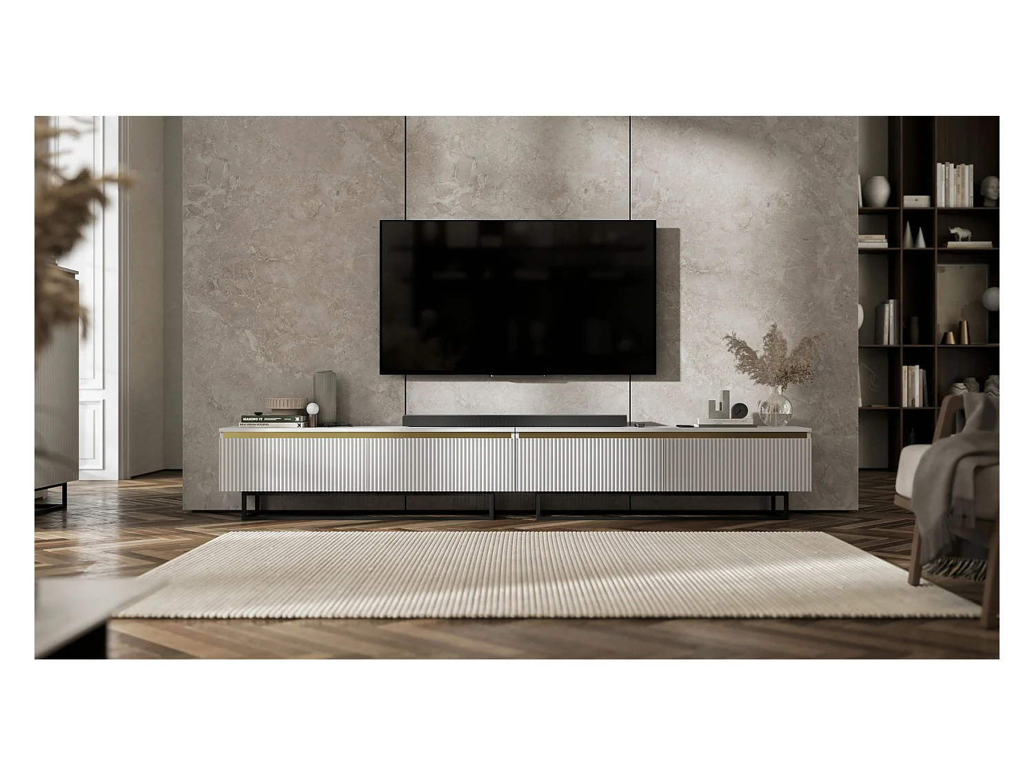 Meuble TV avec 4 portes - Corps Blanc mat, façades rainurées Blanc mat - 280 cm, Cadre en métal noir