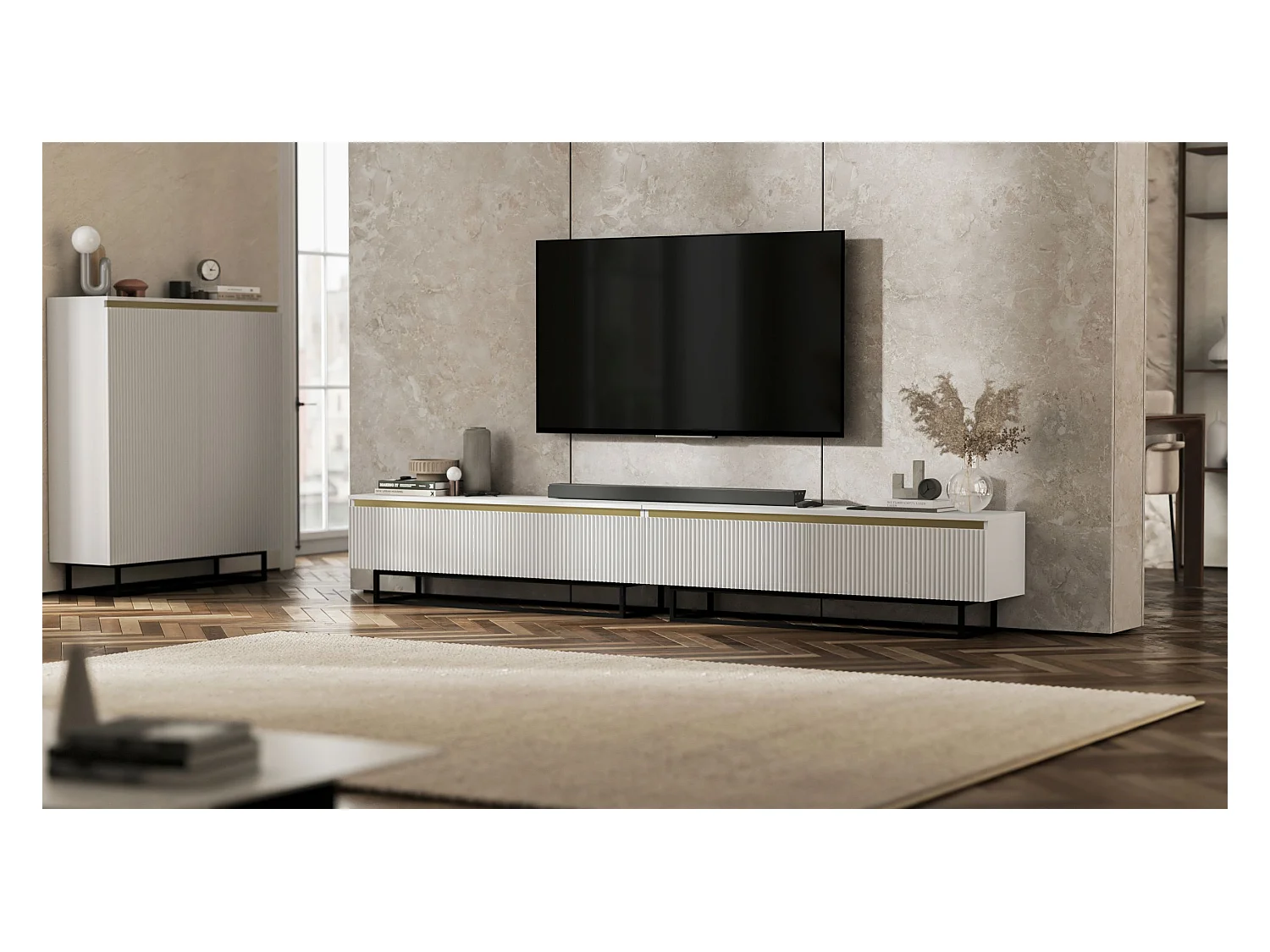 Meuble TV avec 4 portes - Corps Blanc mat, façades rainurées Blanc mat - 280 cm, Cadre en métal noir