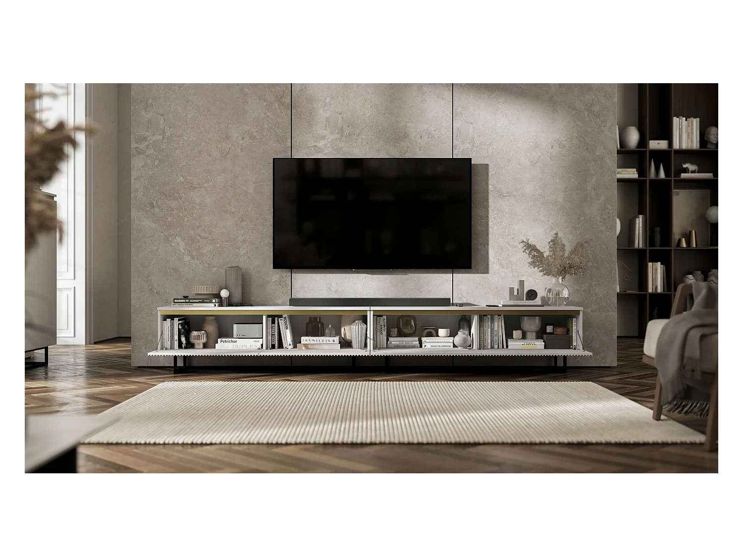 Meuble TV avec 4 portes - Corps Blanc mat, façades rainurées Blanc mat - 280 cm, Cadre en métal noir