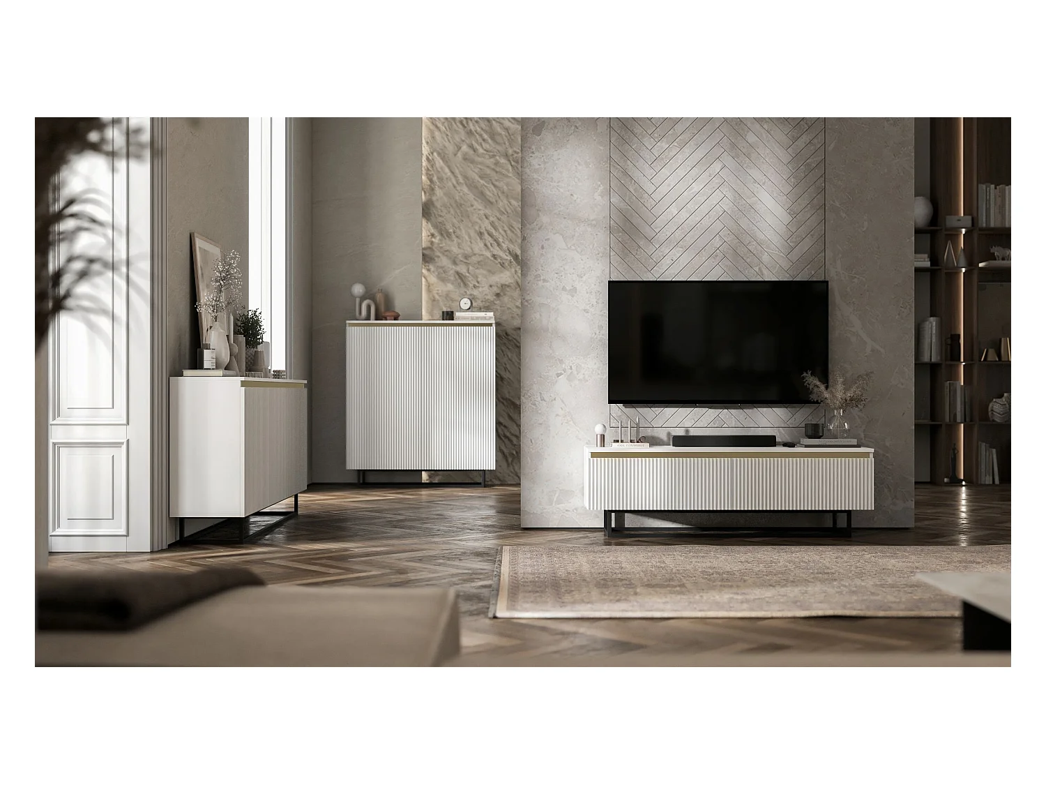 Meuble TV avec 4 portes - Corps Blanc mat, façades rainurées Blanc mat - 280 cm, Cadre en métal noir