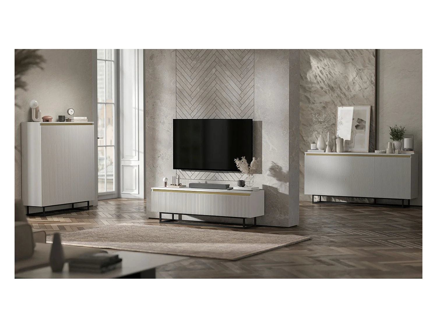 Meuble TV avec 4 portes - Corps Blanc mat, façades rainurées Blanc mat - 280 cm, Cadre en métal noir