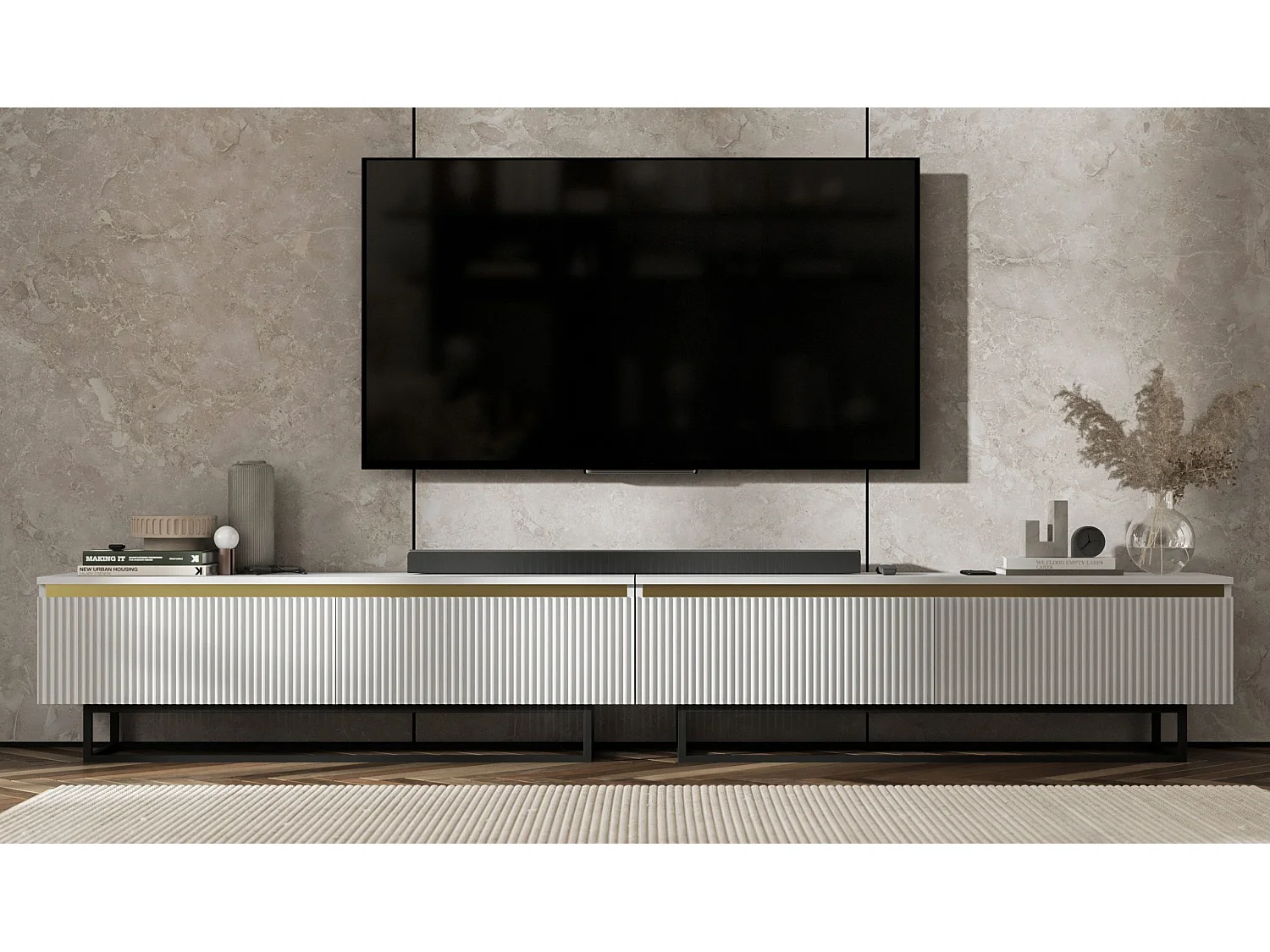 Meuble TV avec 4 portes - Corps Blanc mat, façades rainurées Blanc mat - 240 cm, Cadre en métal noir