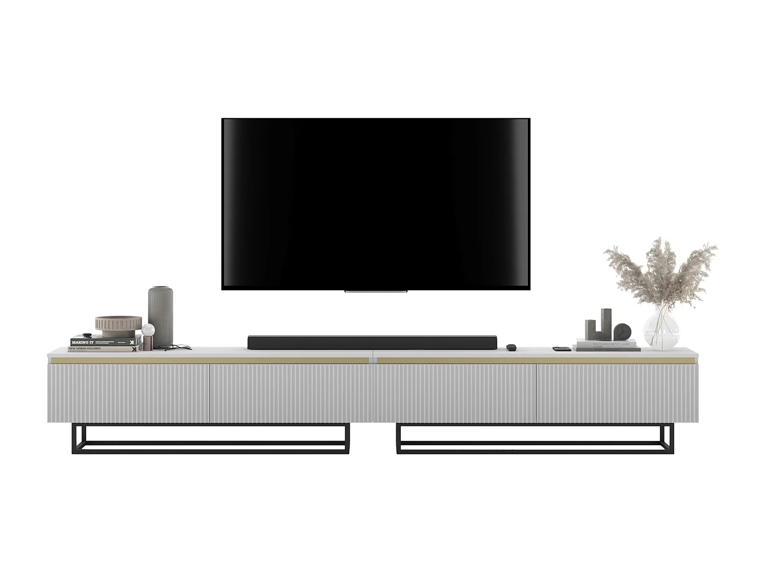 Meuble TV avec 4 portes - Corps Blanc mat, façades rainurées Blanc mat - 240 cm, Cadre en métal noir