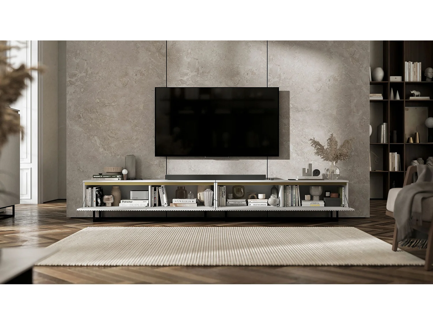 Meuble TV avec 4 portes - Corps Blanc mat, façades rainurées Blanc mat - 240 cm, Cadre en métal noir
