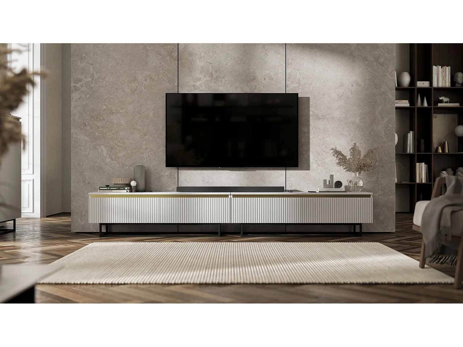 Meuble TV avec 4 portes - Corps Blanc mat, façades rainurées Blanc mat - 280 cm, Cadre en métal noir