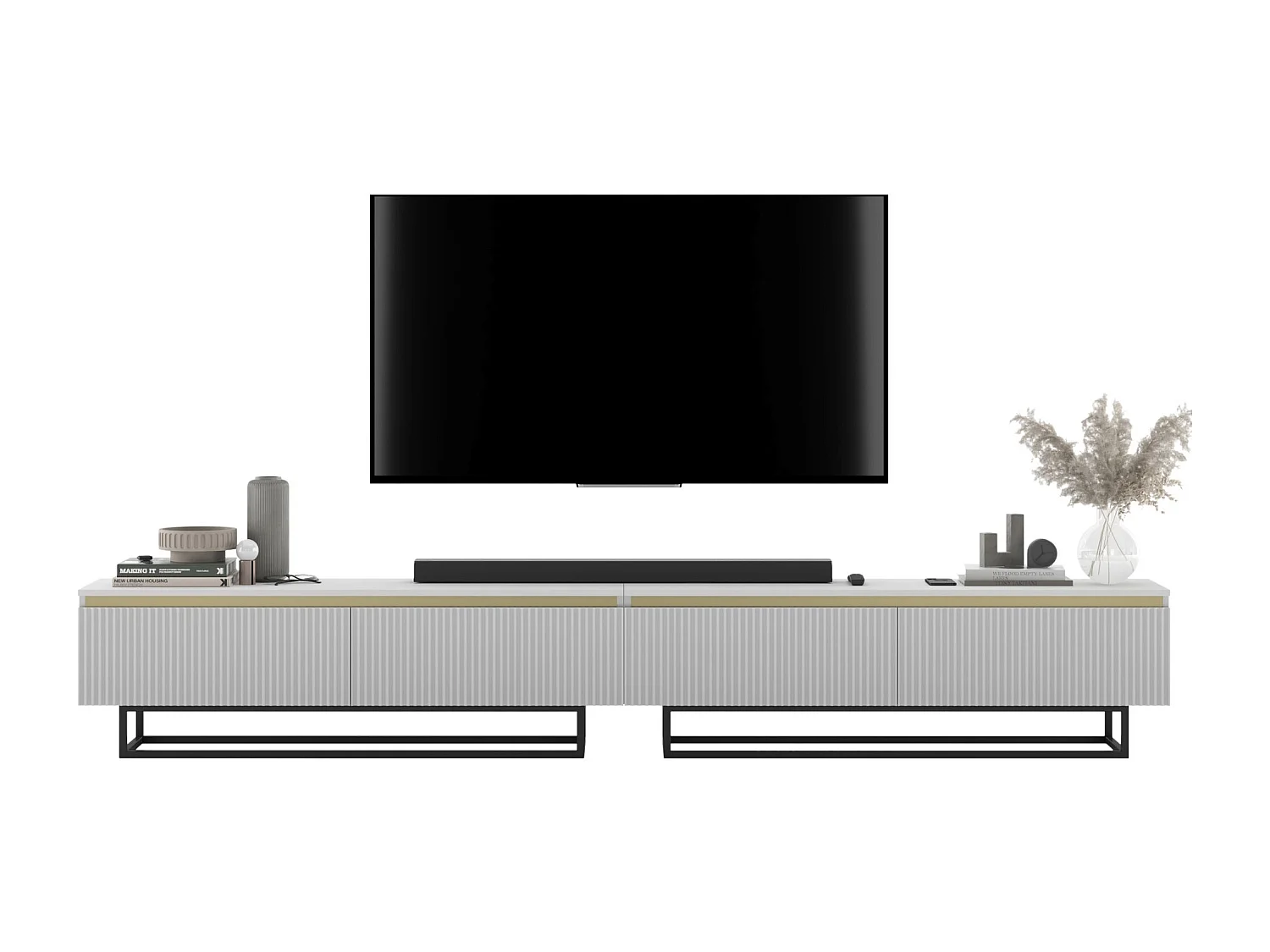 Meuble TV avec 4 portes - Corps Blanc mat, façades rainurées Blanc mat - 280 cm, Cadre en métal noir
